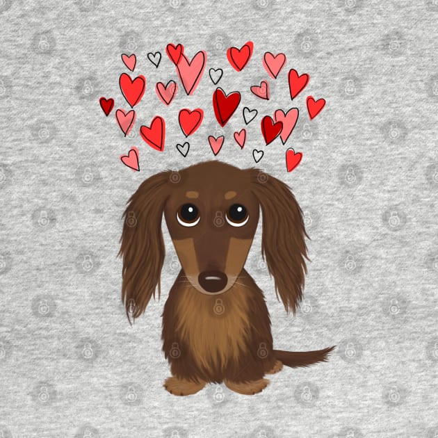 Cute Wiener Dog | Longhaired Chocolate Dachshund with Valentine Hearts by Coffee Squirrel